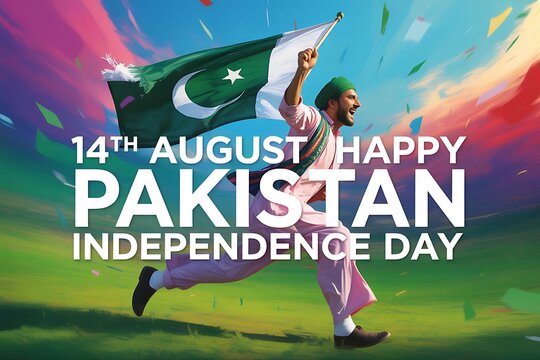 Expressive illustration celebrates Pakistan Independence Day with a man running with the nation's flag, showcasing patriotic fervor.