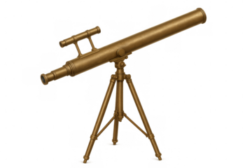 Vintage brass telescope on a tripod, isolated on transparent background, ideal for exploration and discovery concepts