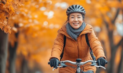 Happy mature mixed-race Asian woman cycling outdoors in a woodland park. Orange autumn fall tree leaves. Fit and active senior female pensioner exercising on a bike, Generative AI