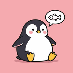 Fototapeta premium Adorable Chubby Penguin Dreaming of Fish on Pink Background