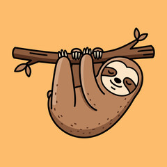 Naklejka premium Cartoon Sloth Hanging Upside Down from a Branch with Closed Eyes