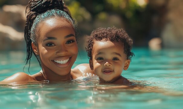 Happy mixed-race mother and toddler swimming together in the pool on vacation. African American mom teaching child to swim. Black child learning to swim in water with mom , Generative AI