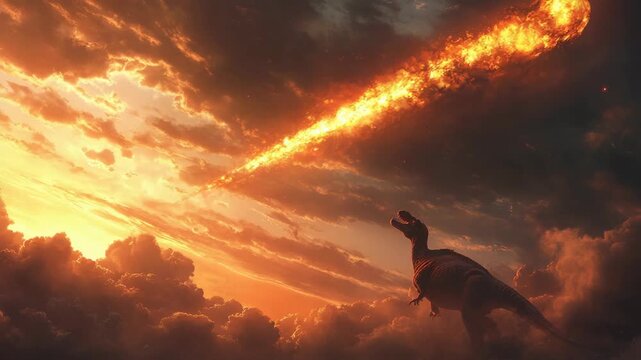 Tyrannosaurus rex under glowing sky as fiery asteroid descends from space, recreating the dramatic mass extinction event ended the age of dinosaurs in a visually striking prehistoric cinematic scene