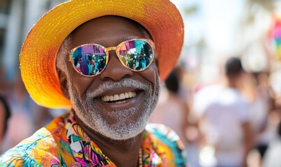 Selfie of happy gay senior Black man celebrating pride parade summer event with a crowd of queer people. Smiling elderly LGBTQ+ African American male pensioner wearing eclectic, Generative AI