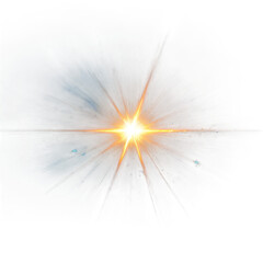 Shining sun lens flare with radiant glowing rays. Flash sparkle and light streaks for bright overlays and highlights, isolated on transparent background.