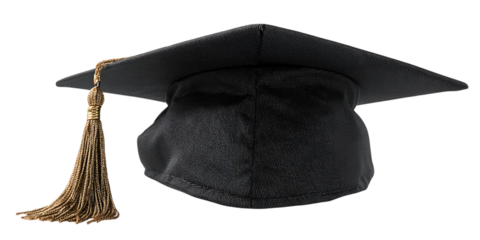 Black Graduation Cap with Gold Tassel on Transparent Background, PNG
