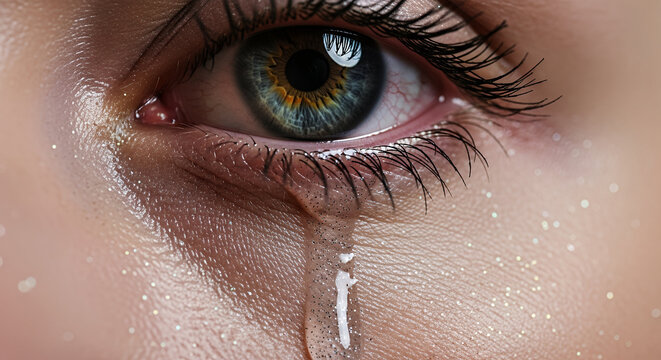 Close-up of a woman's eye with a single tear rolling down her cheek, highlighting the emotion and detail of the eye.