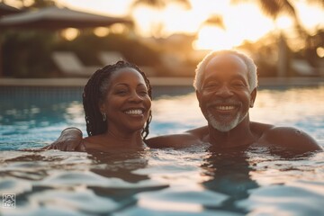 Happy elderly Black couple swimming in the pool on summer vacation. Candid senior African American husband and wife relaxing in the hotel swimming pool on holiday, golden hour, Generative AI