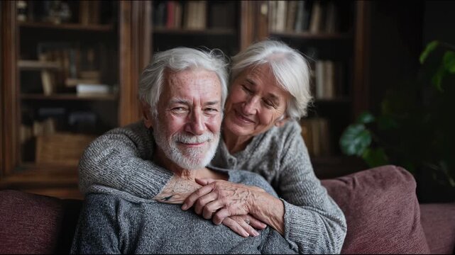 Loving senior couple sharing tender moment, wife hugging husband from behind while sitting on home sofa near bookshelf, radiating lifelong affection