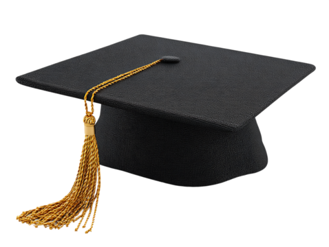 Black Graduation Cap with Gold Tassel on Transparent Background, PNG