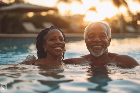 Happy elderly Black couple swimming in the pool on summer vacation. Candid senior African American husband and wife relaxing in the hotel swimming pool on holiday, golden hour, Generative AI