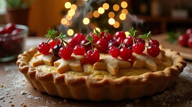 A close up of a cherry pie decorated with star shaped crusts and bright christmas lights behind it
