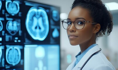 Black female doctor looking at AI artificial intelligence hologram of neurological medical brain scan for cancer diagnosis, mental illness research, and innovation development, Generative AI