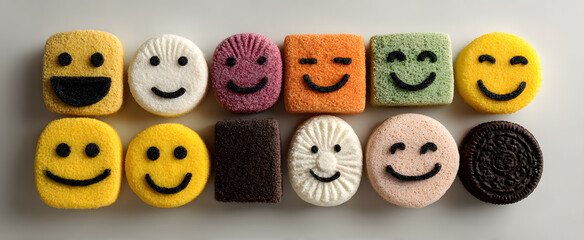 Obraz premium The cheerful collection of smiley face snacks on a white background.