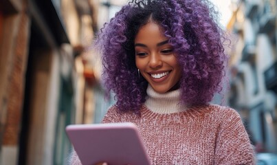 Happy mixed-race Black woman with purple curly hair smiling at a smart tablet device. Young African American woman staying connected with friends on social media with wifi, Generative AI