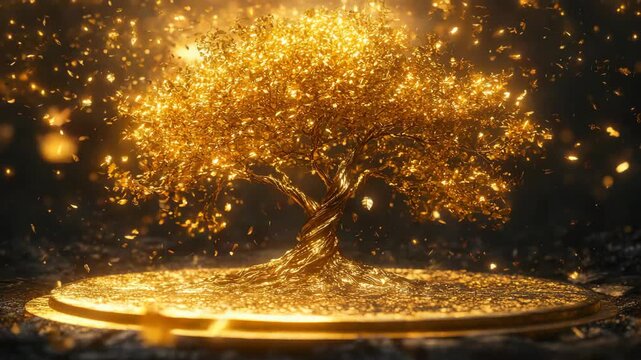 Fantasy tree made of gold with shimmering leaves standing on a round platform glowing in warm light, prosperity, energy, magic and growth in a mythical digital environment with sparkling particles