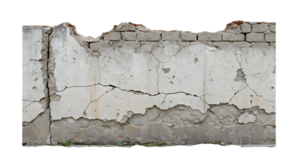 Damaged concrete wall with exposed bricks and cracks broken cracked