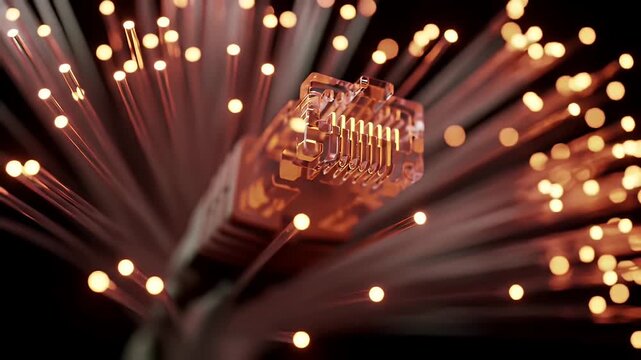 Transparent Ethernet Cable with Illuminated Fiber Optics Against Dark Background