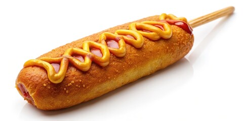 Corn dog with ketchup and mustard on white background