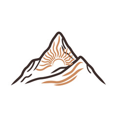Stylized Mountain Outline with Rising Sun for Outdoor Adventure and Exploration