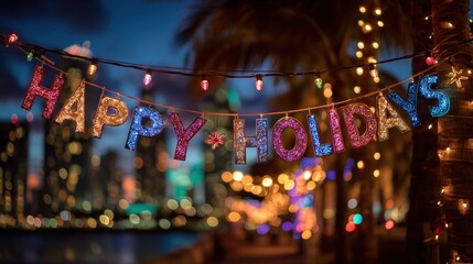 Happy Holidays Florida. Colorful Banner Over Miami Beach Skyline with Neon Lights and Palm Trees