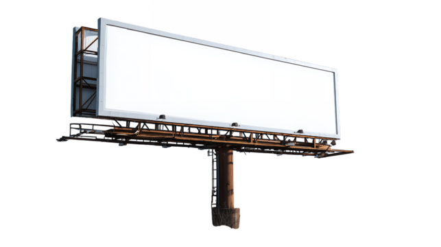 Large Blank White Billboard Supported By Brown Metal Structure isolated on a transparent background