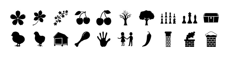 Silhouette Icon Set of Nature, Animals, Objects, and People - A clean and simple collection of black silhouette icons representing various elements including nature, animals, food, people, and objects