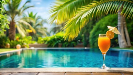 Obraz premium Tropical poolside setting with a horizontal banner and a glass of fresh orange cocktail
