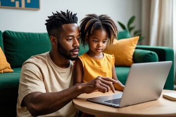 Father and daughter using laptop together at home for online learning education