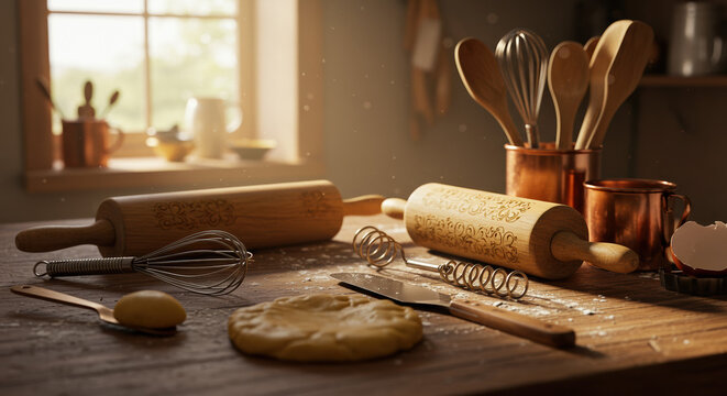 Rustic kitchen baking tools and dough