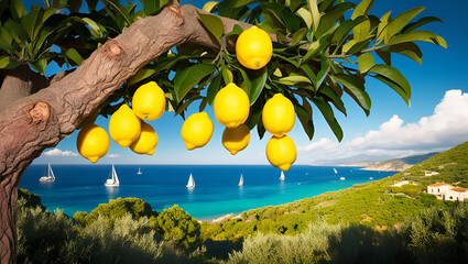 Lemon tree with vibrant fruit overlooking the sparkling blue waters of the Mediterranean