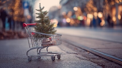 Last Minute Shopping. Christmas Tree in Shopping Cart for Holiday Sale Concept
