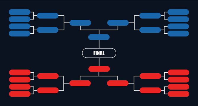 A modern red and blue tournament bracket chart on dark background. Ideal for esports, gaming competitions, match scheduling, or sports playoff visuals.