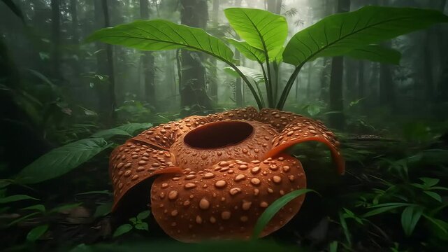 A huge brown knobby Rafflesia flower sits in a dim forest clearing with large green leaves behind it