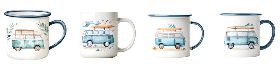 Obraz premium Vintage Surf Van Mugs: Watercolor Illustrations for Travel and Adventure