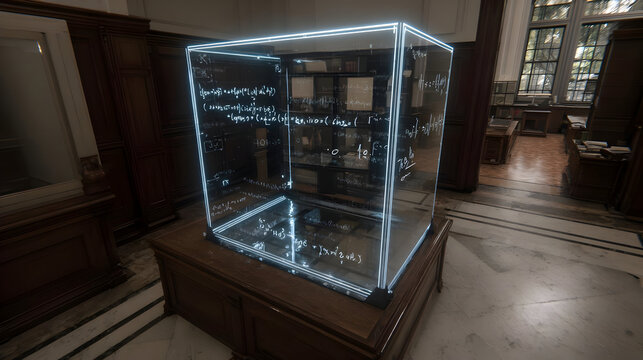 classroom with holographic blackboard showing string theory equations in 3D