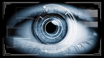 a futuristic bionic eye analyzing data with laser precision and visual overlays