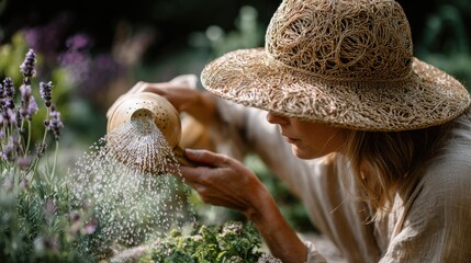 woman planting seedlings in a greenhouse, creative illustration