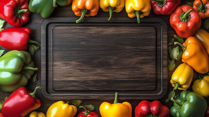 Cooking Preparation: Teak Wooden Cutting Board Mockup surrounded by colorful bell peppers