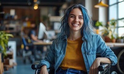 Inclusive image of a happy disabled woman with blue hair sitting in a wheelchair. Smiling female employee with disability in diverse and accessible workplace office, Generative AI