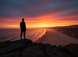 Obraz premium Man standing on cliff overlooking ocean at sunset