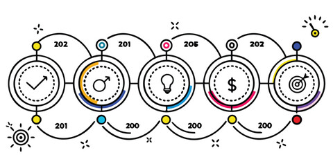 Fototapeta premium Circular timeline infographic with icons representing progress ideas and goals