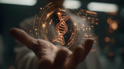 helix floating above a scientistâ€™s palm surrounded by futuristic UI elements