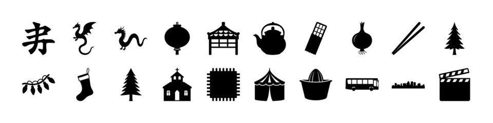 Silhouette Icon Set of Asian Culture, Festivals, Food, and Urban Elements - A diverse and bold collection of black silhouette icons representing Asian cultural elements, holiday symbols, food items