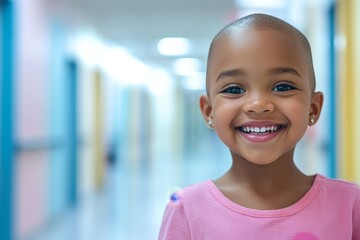 Cancer Survivors Day, bald Black child in a pink princess dress in a hospital corridor. Happy little African American girl recovering from cancer treatment. Healthcare marketing concept, Generative AI