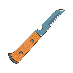 Folding pocket knife, vector icon. Hunting gear with wooden handle, sharp steel blade. Portable equipment for camping, fishing, hiking. Hand drawn illustration of weapon for survival, protection