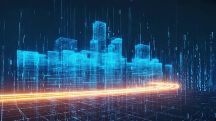 Abstract 3D digital wireframe city illuminated with glowing binary code lines and a virtual horizon, representing futuristic data networks, smart infrastructure, hologram and technology evolution. - Powered by Adobe