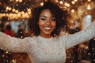 Happy Black woman dancing under confetti at office Christmas party. African American celebrating, Generative AI