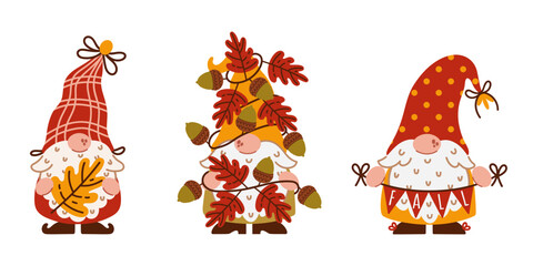 Funny autumn gnomes, vector set. Cute elves holding colorful decoration, oak leaf. Scandinavian character is wrapped in a garland with acorns. Dwarves in Thanksgiving hats for a fall party. Hand drawn
