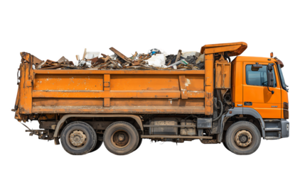 Orange Garbage Truck Full of Waste isolated on a transparent background